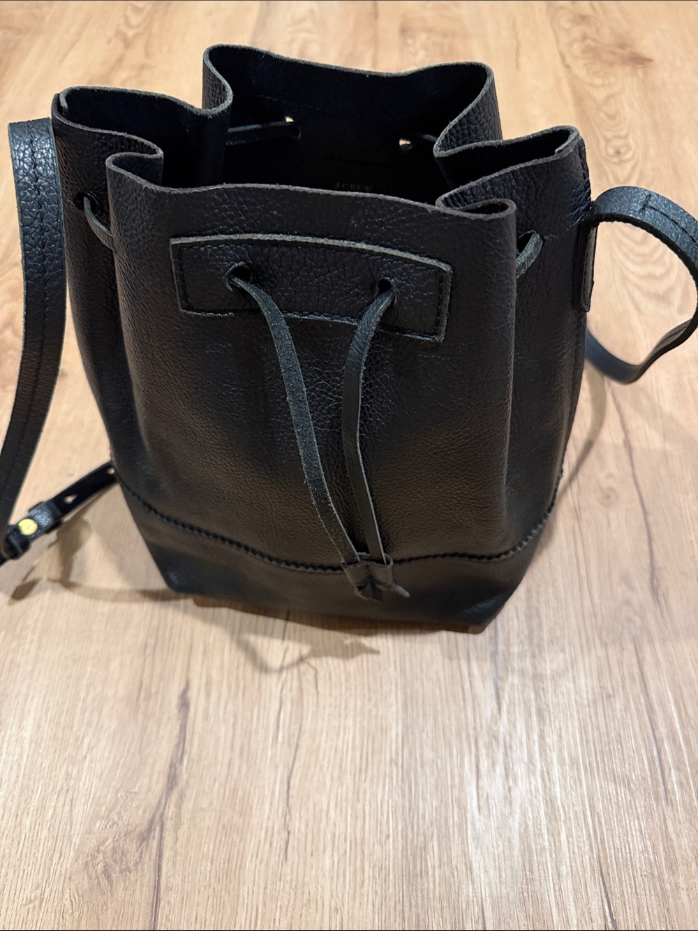 J Crew black pebbled leather drawstring bucket bag